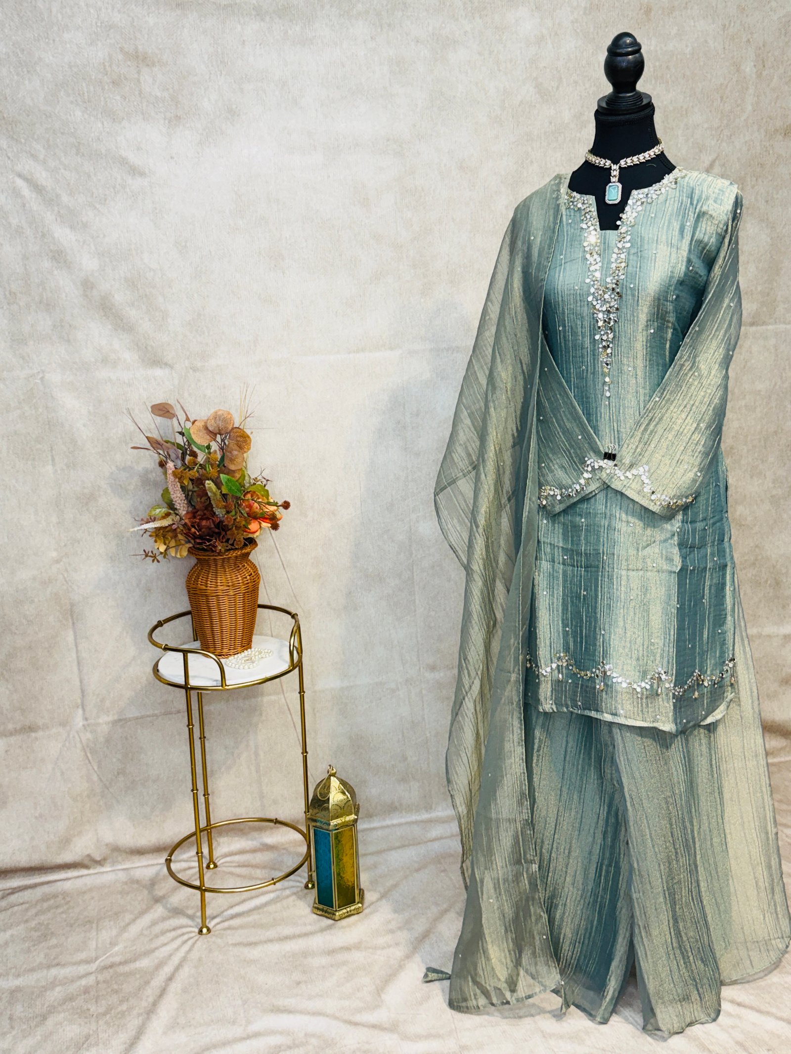 Sea Green Tissue Silk Suit – 3 Piece Set